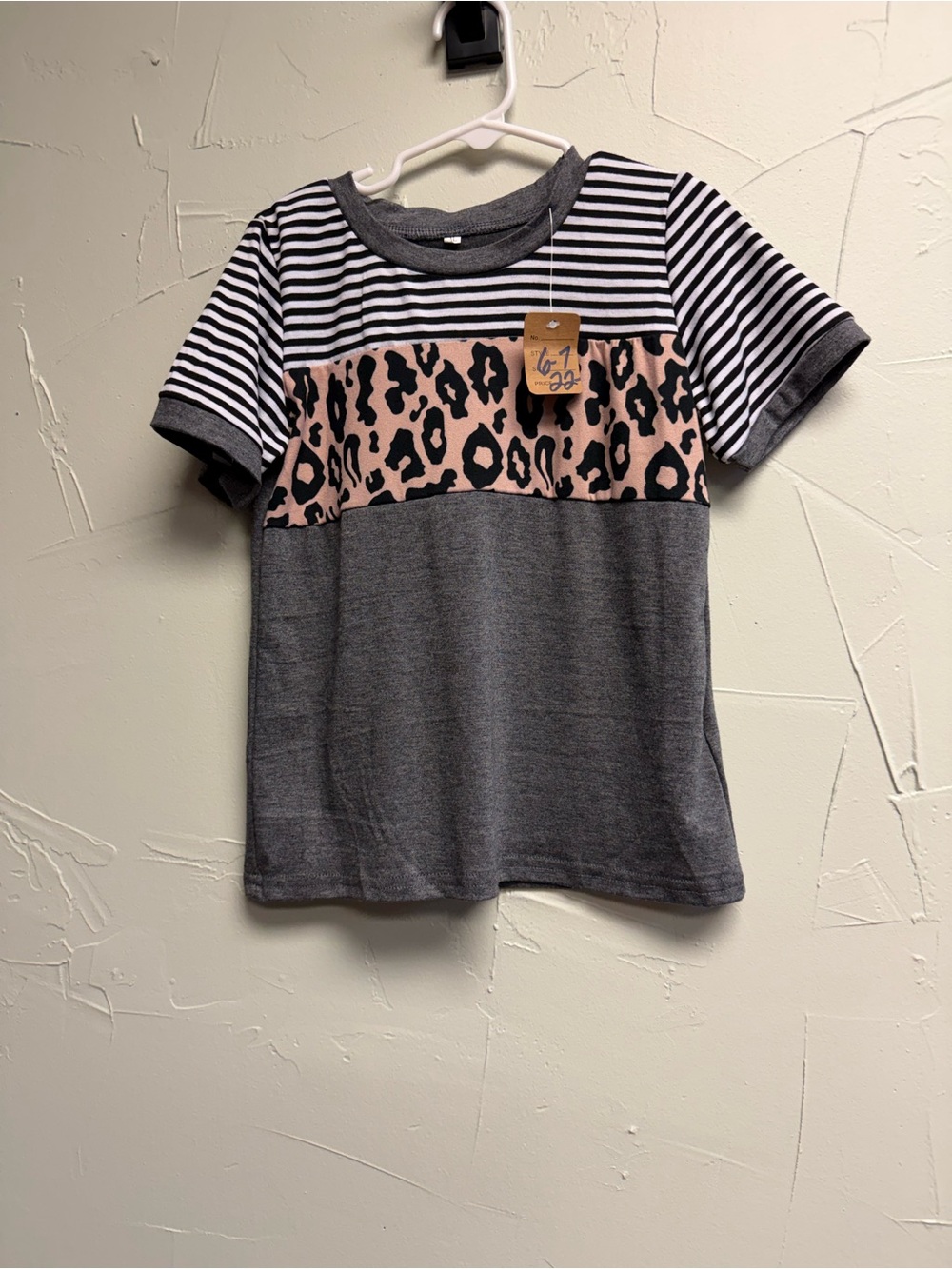 Girls' Grey Short Sleeve Top with Pink Leopard & Black-White Stripes